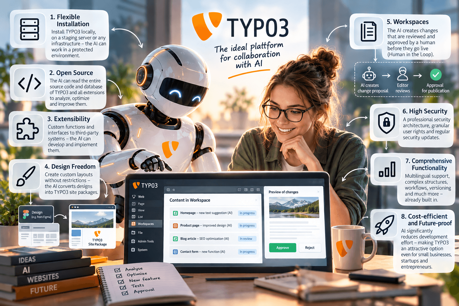 Illustration of an AI robot and an editor working together on a TYPO3 website, surrounded by icons representing TYPO3's key strengths for AI collaboration: flexible hosting, open source, extensibility, design, data, and security.