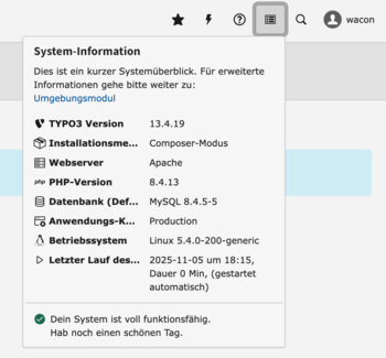 Ausschnit aus dem TYPO3 Backend mit Versionsnummern von TYPO3, PHP, mySQL