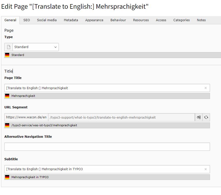 Schritt 2: Seiteneigenschaften übersetzen