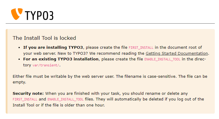Install Tool TYPO3 is locked, ENABLE_INSTALL_TOOL Datei anlegen