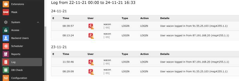Ausschnitt aus dem TYPO3-Logfile