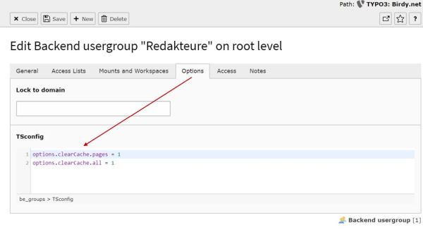 Screenshot:TSconfig-Einstellung ändern