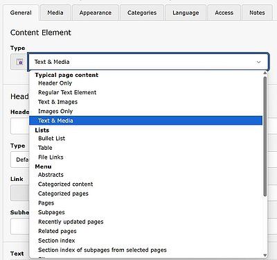 Screenshot des General-Tabs eines Inhaltselementes