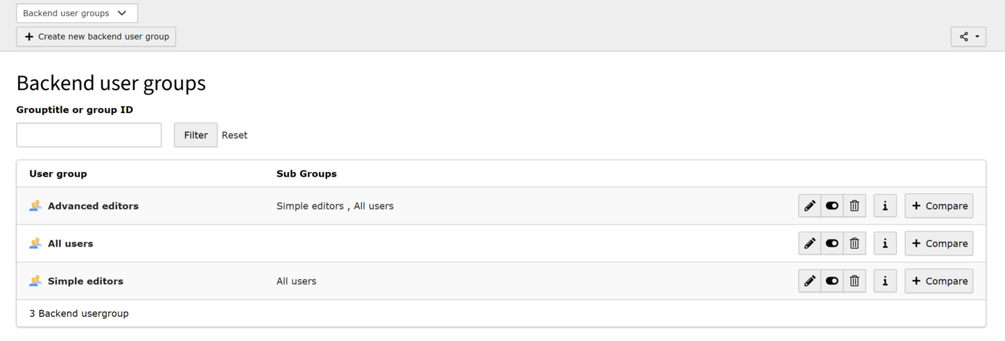 Das Backend-User-Groups Modul im TYPO3 Backend