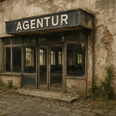 Zerfallendes Gebäude mit Aufschrift AGENTUR