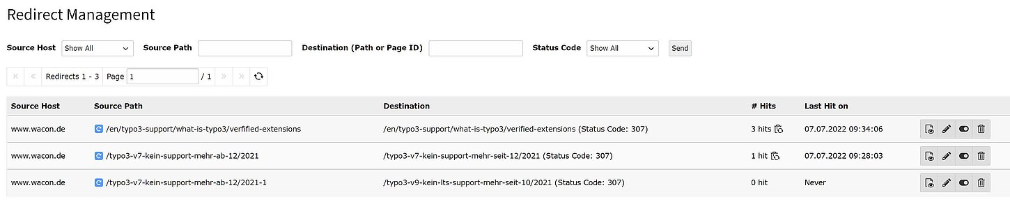 TYPO3 Weiterleitungen anzeigen