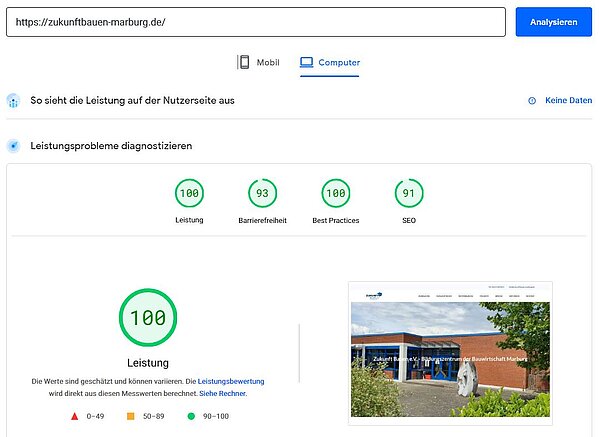 Pagespeed-Auswertung für die Desktop-Version