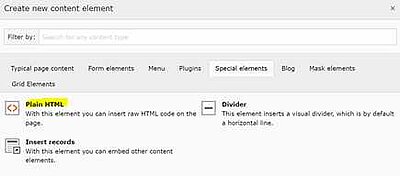 TYPO3 Inhaltselement Plain HTML
