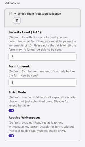 Einstellungen von Form Spamshield