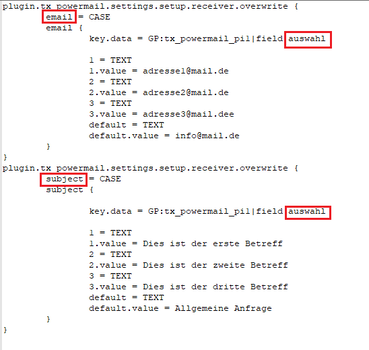 Template Eintrag für Auswahl