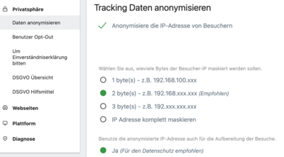 Screenshot aus Matomo Backend Daten-Anonymisierung