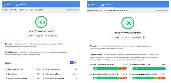 Auswertung Core Web Vitals von wacon.de