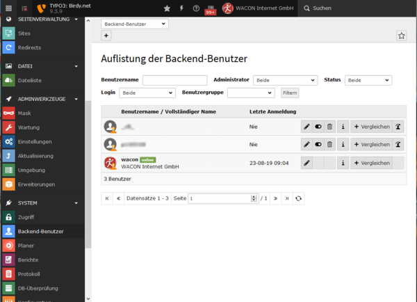 TYPO3 Backend Benutzer anzeigen 