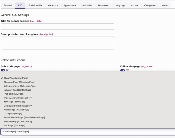 Screenshot TYPO3 Seiteneigenschaften mit Auswahl der schema-Seitentypen