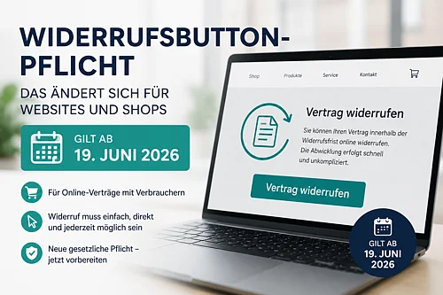 Laptop mit Text Widerrufsbuttonpflicht ab 19.6.2026